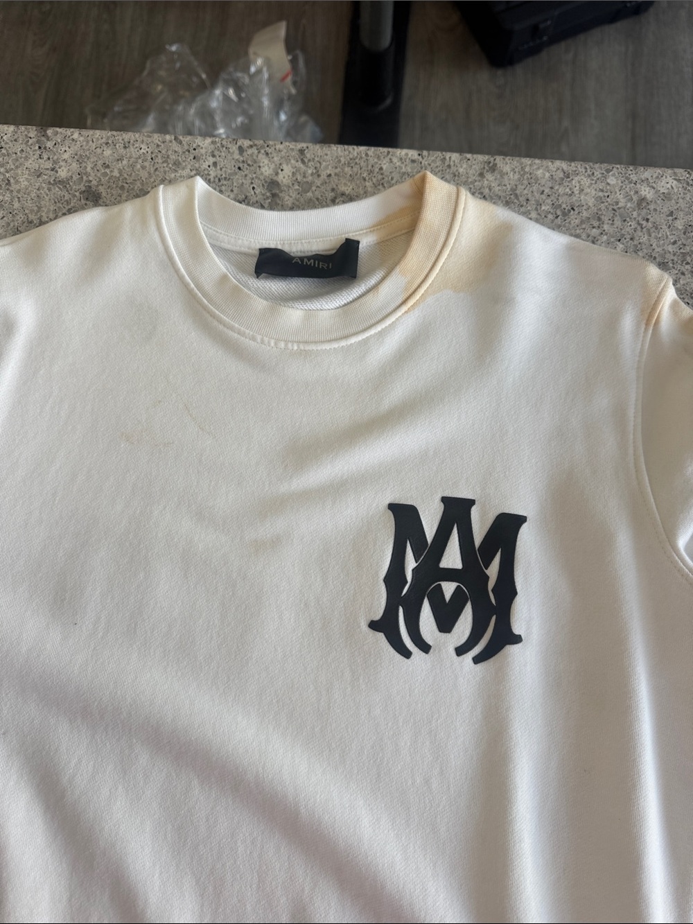 AMIRI Cream Crewneck with Black Monogram Chest Logo